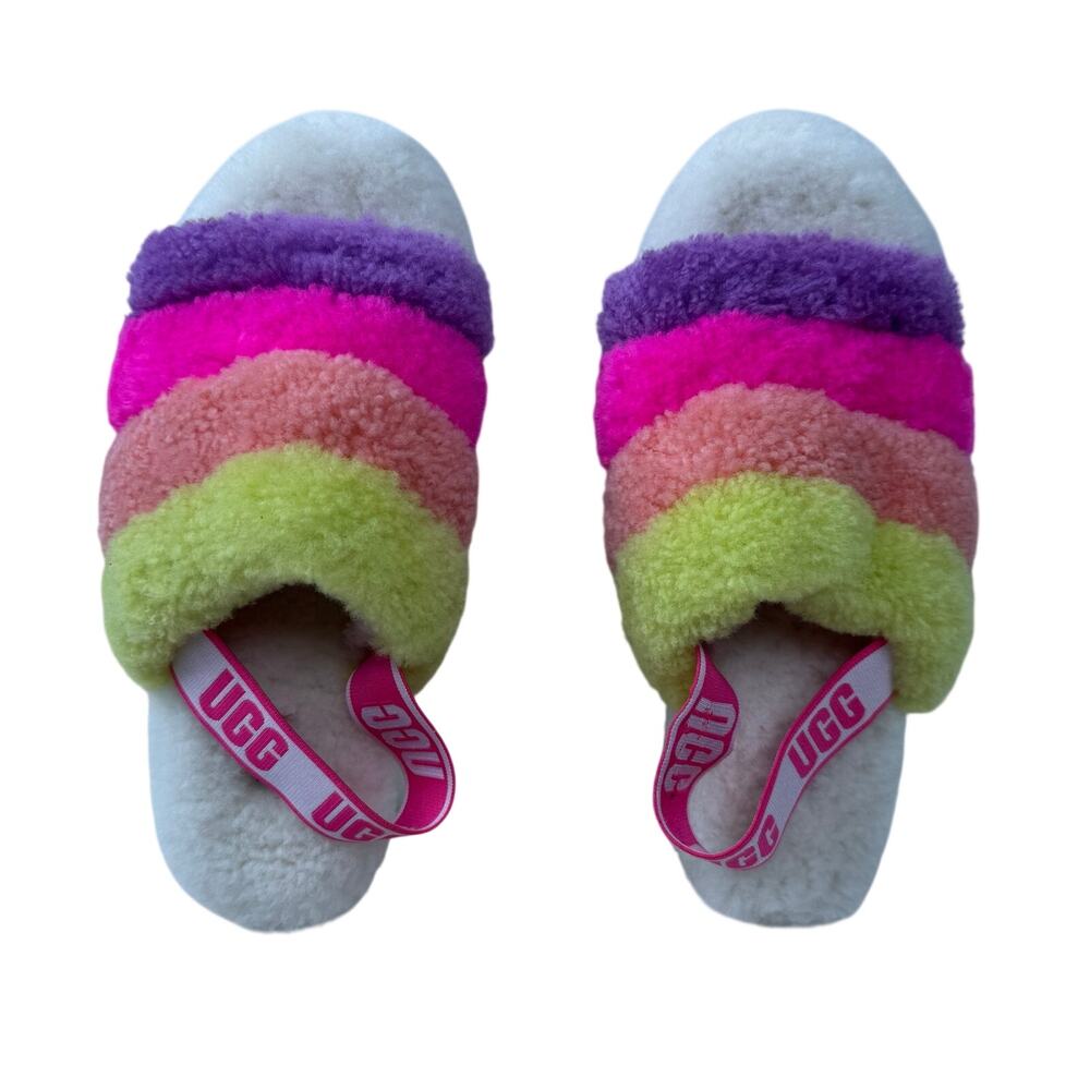 UGG Fluff Yeah Slide Sandal Multi Color Wool Platform Slipper Slingback Size 7.5